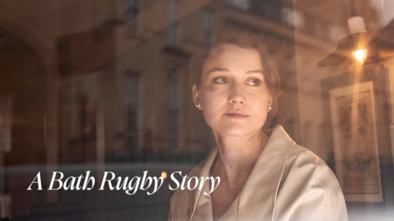 Portrait of a woman in a beige coat looking out a shop window, with the text 'A Bath Rugby Story' across the glass.